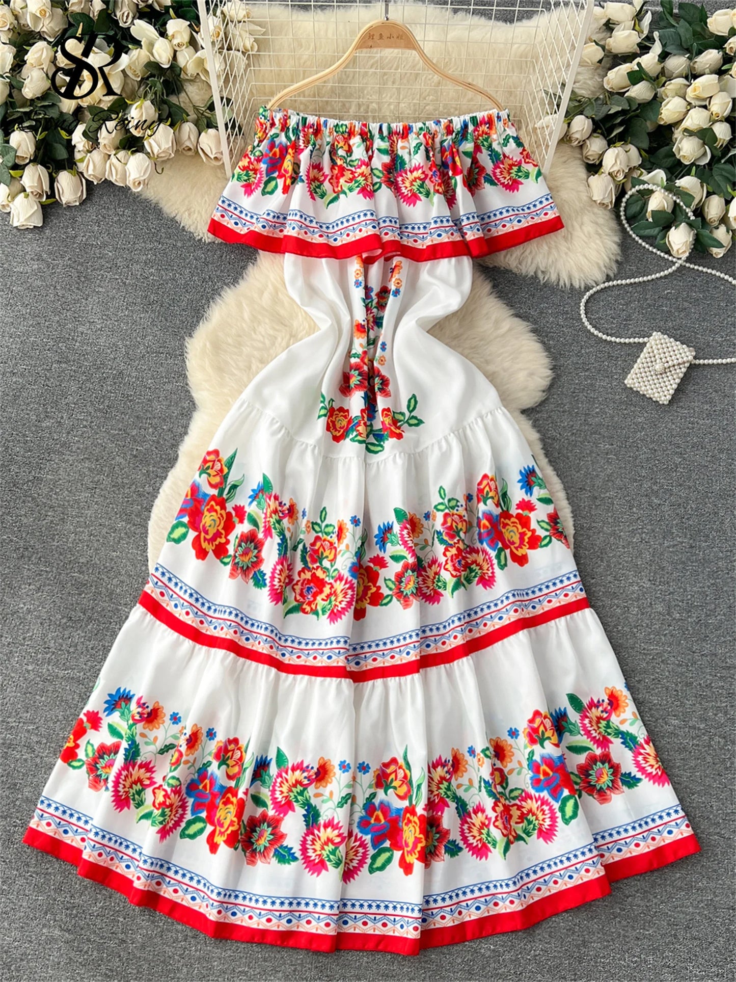 SINGREINY French Court Floral Print Dress Women Sling Slash Neck Off Shoulder Waist Lace Up Design 2023 Fashion Loose Long Dress
