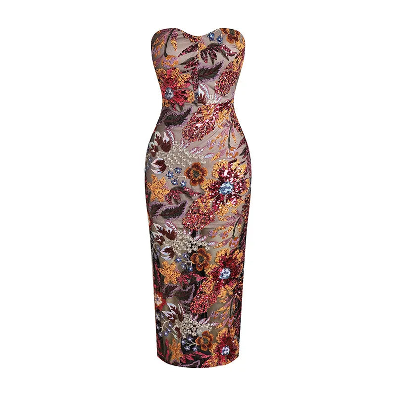 New Sexy Strapless Floral Sequin Long Dress Women Luxury Sequins Flower Backless Long Slim Dress Evening Party Runway Gown Dress