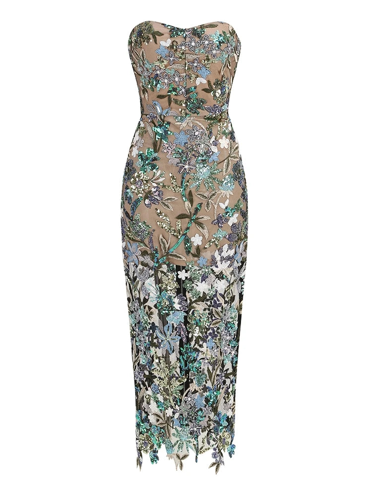 New Sexy Strapless Floral Sequin Long Dress Women Luxury Sequins Flower Backless Long Slim Dress Evening Party Runway Gown Dress
