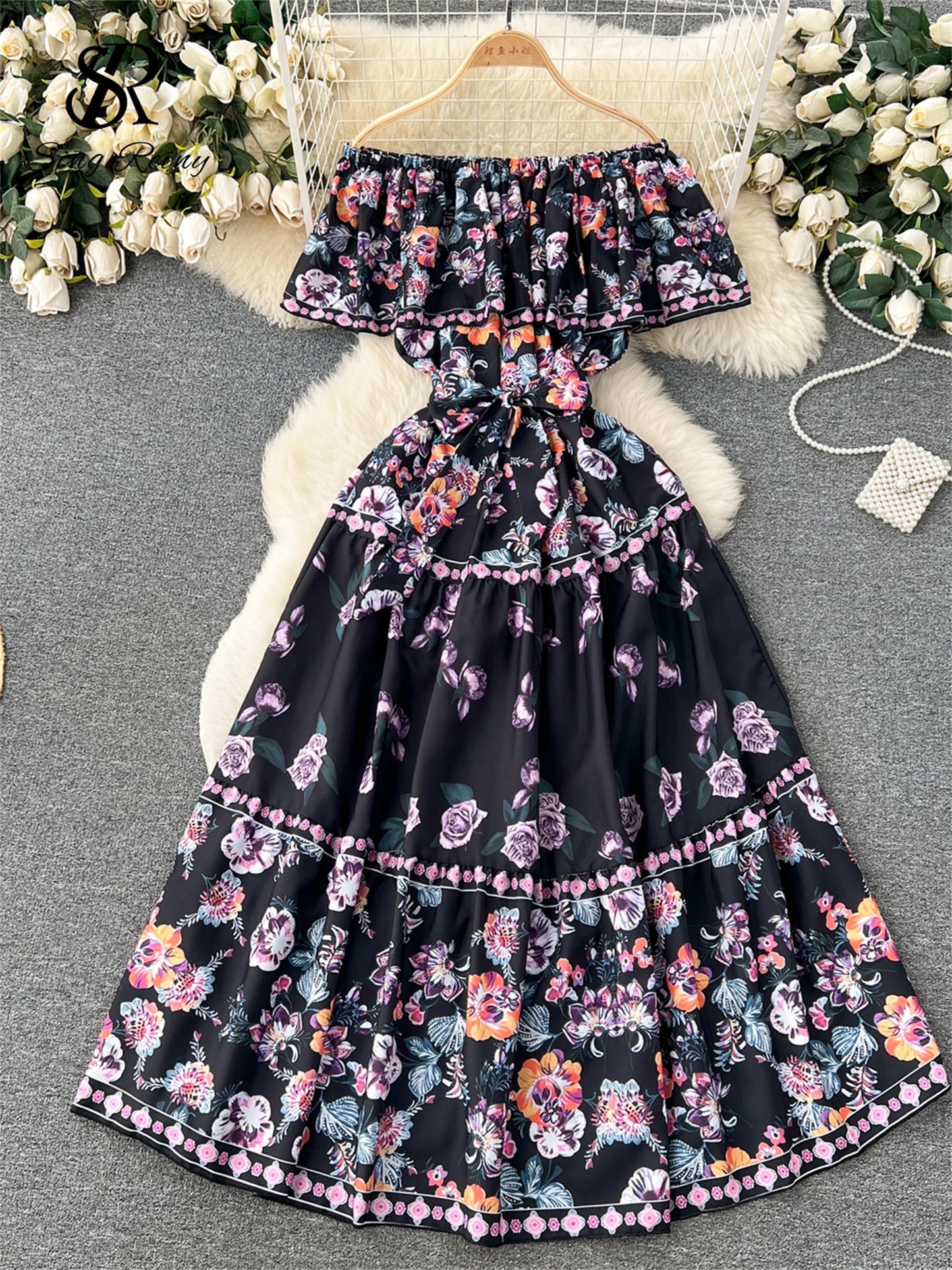 SINGREINY French Court Floral Print Dress Women Sling Slash Neck Off Shoulder Waist Lace Up Design 2023 Fashion Loose Long Dress