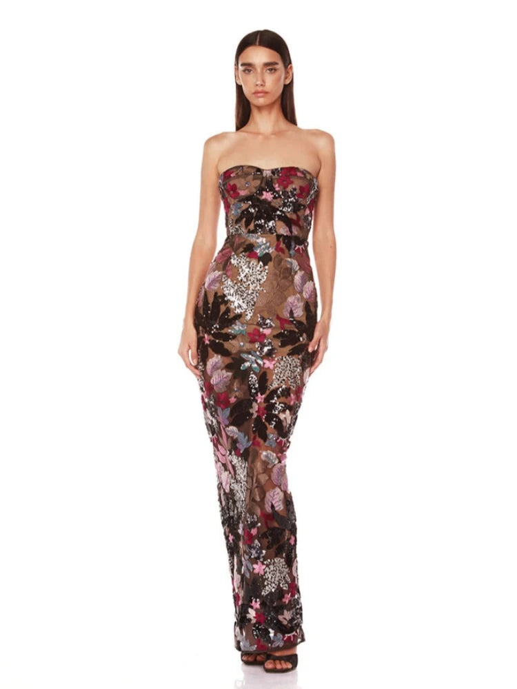 New Sexy Strapless Floral Sequin Long Dress Women Luxury Sequins Flower Backless Long Slim Dress Evening Party Runway Gown Dress