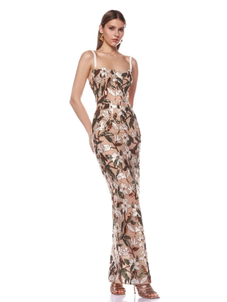 New Sexy Strapless Floral Sequin Long Dress Women Luxury Sequins Flower Backless Long Slim Dress Evening Party Runway Gown Dress