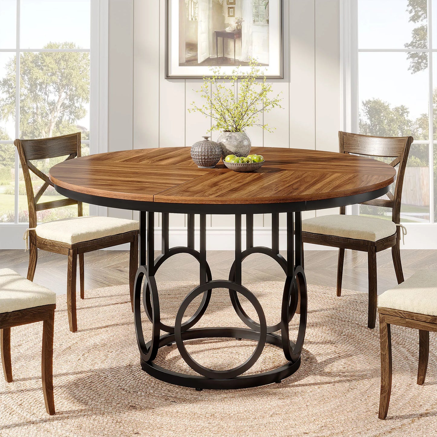 Tribesigns 47" Round Dining Table for 4 People, Farmhouse Kitchen Table with Wooden Texture Surface & Pedestal Base, Round Table