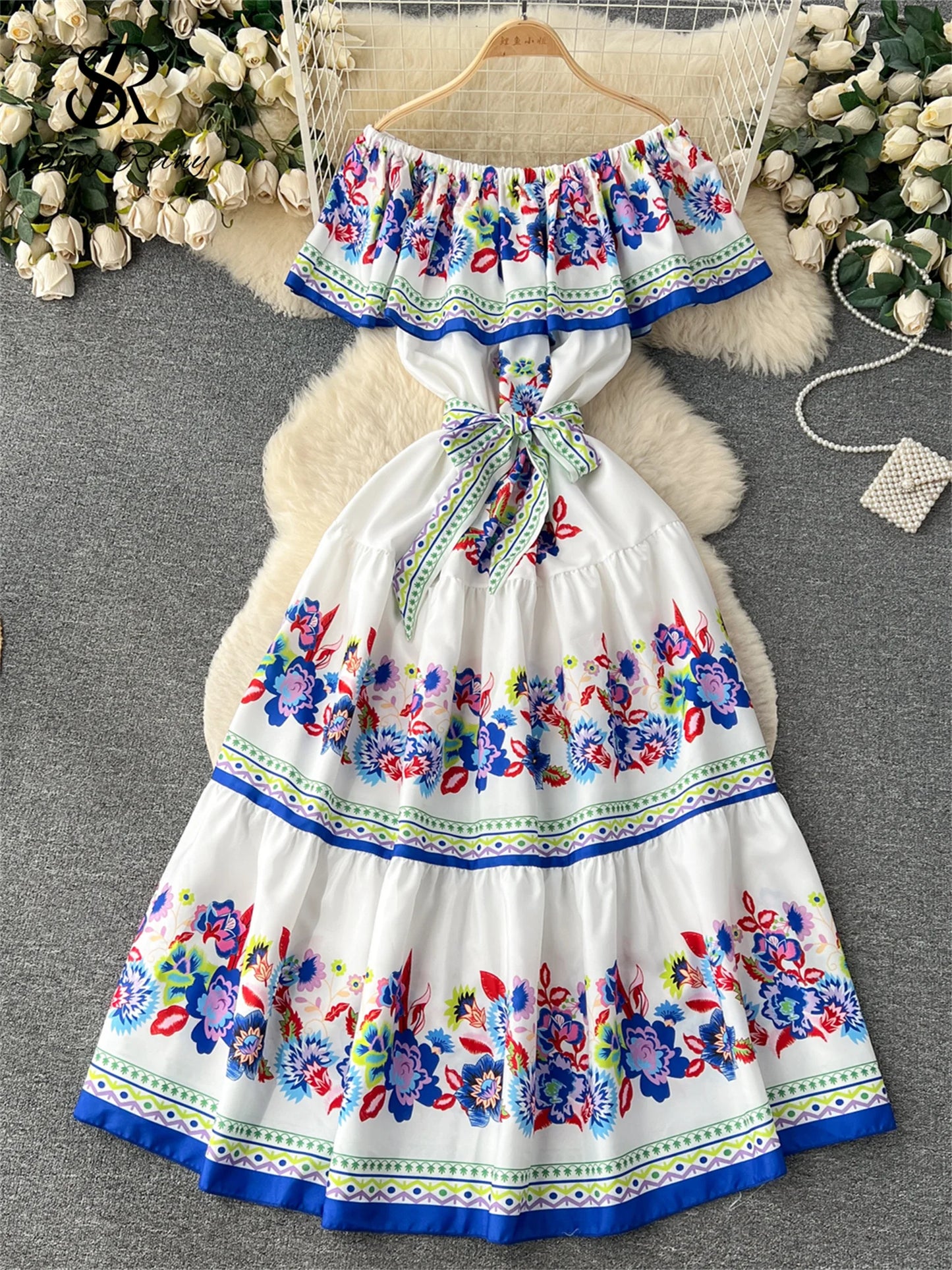 SINGREINY French Court Floral Print Dress Women Sling Slash Neck Off Shoulder Waist Lace Up Design 2023 Fashion Loose Long Dress