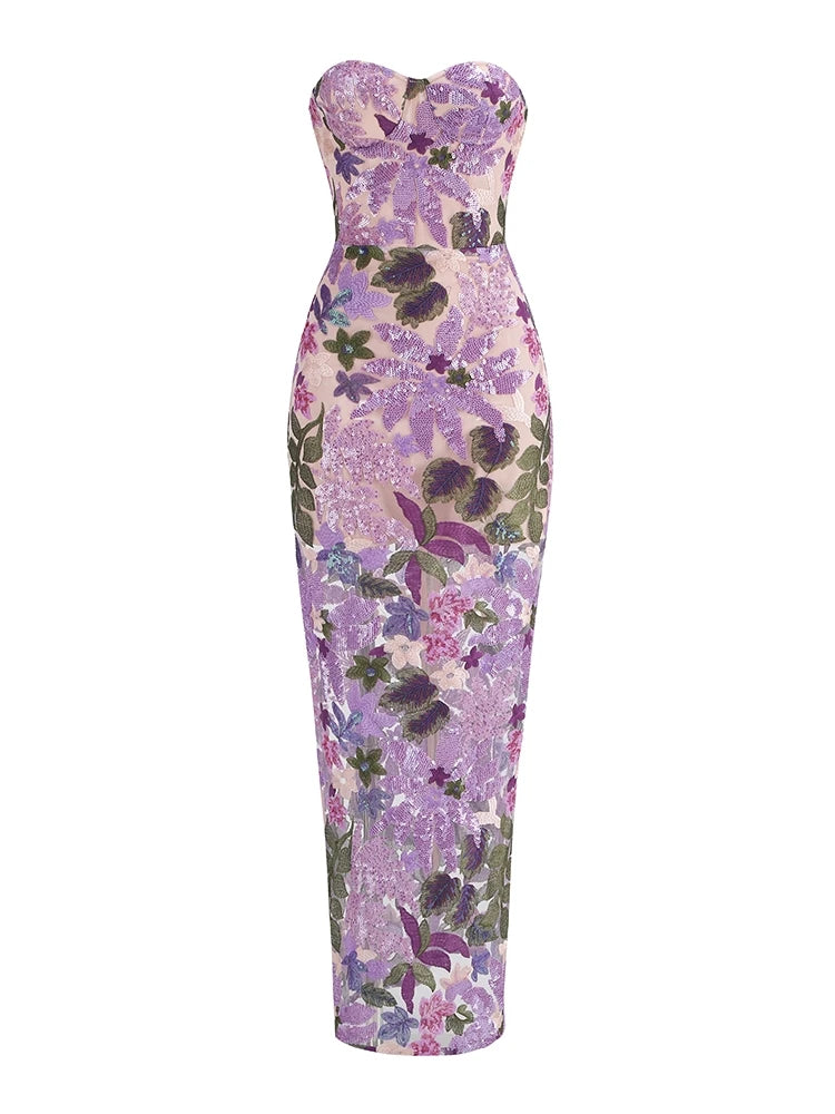 New Sexy Strapless Floral Sequin Long Dress Women Luxury Sequins Flower Backless Long Slim Dress Evening Party Runway Gown Dress