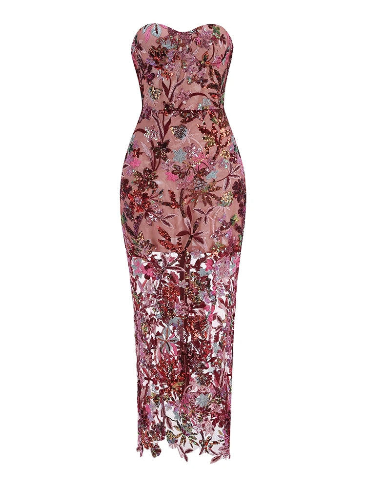 New Sexy Strapless Floral Sequin Long Dress Women Luxury Sequins Flower Backless Long Slim Dress Evening Party Runway Gown Dress