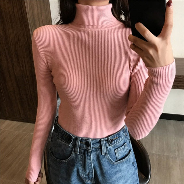 Autumn Turtleneck Ribbed Long Sleeve Pullover Sweater