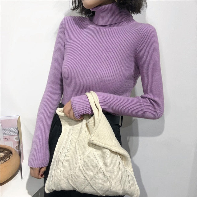 Autumn Turtleneck Ribbed Long Sleeve Pullover Sweater