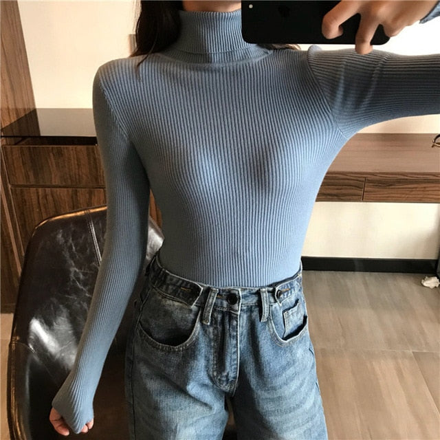 Autumn Turtleneck Ribbed Long Sleeve Pullover Sweater