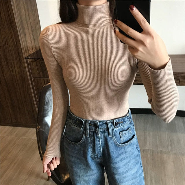 Autumn Turtleneck Ribbed Long Sleeve Pullover Sweater