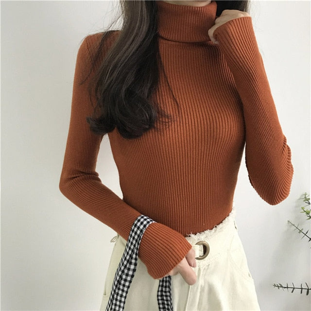 Autumn Turtleneck Ribbed Long Sleeve Pullover Sweater