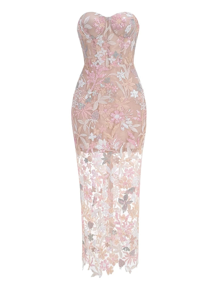 New Sexy Strapless Floral Sequin Long Dress Women Luxury Sequins Flower Backless Long Slim Dress Evening Party Runway Gown Dress