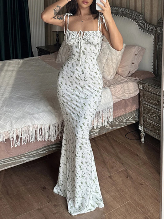 Summer Sexy Women Elegant Floral Printed Beach Vacation Bodycon Streetwear Long Dress Spaghetti Strap Sheath Dress