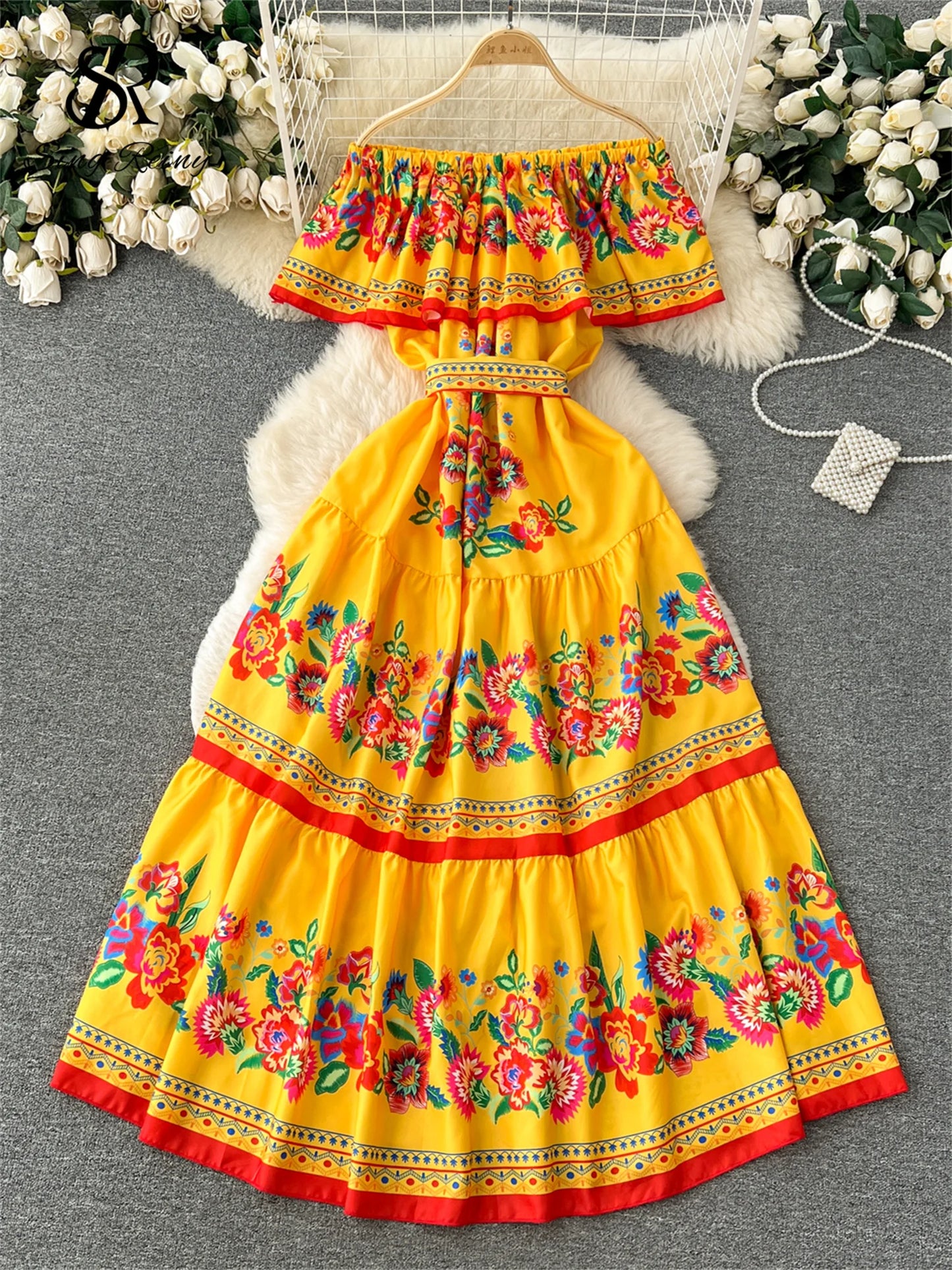 SINGREINY French Court Floral Print Dress Women Sling Slash Neck Off Shoulder Waist Lace Up Design 2023 Fashion Loose Long Dress