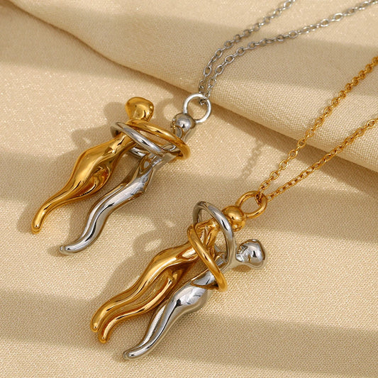 E.B.belle Mix Color Smooth Design People Hug Pendants Necklace Stainless Steel 18K Gold Fashion Jewelry For Lover Family Gift