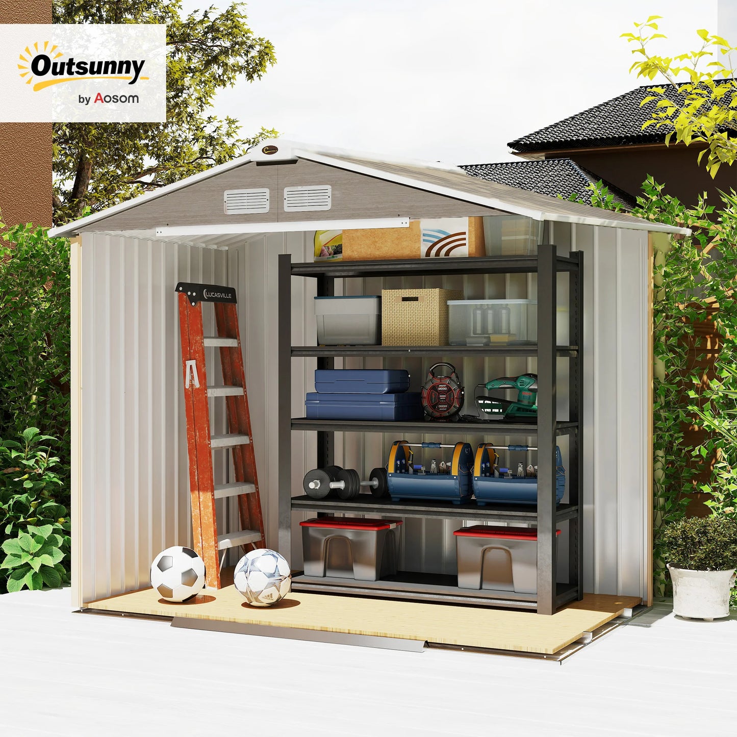 Outsunny 7 X 4ft Garden Shed Storage with Locking Door and Foundation Kit, Light Brown
