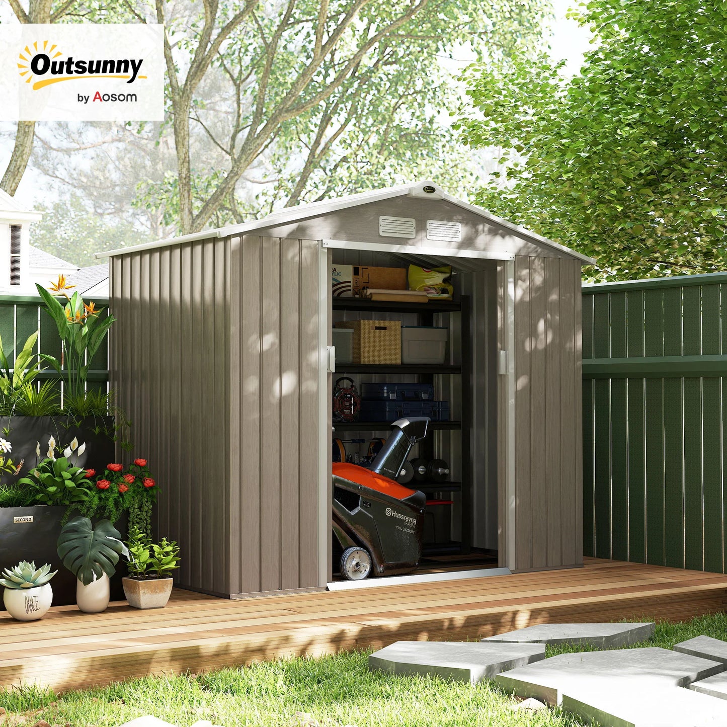 Outsunny 7 X 4ft Garden Shed Storage with Locking Door and Foundation Kit, Light Brown