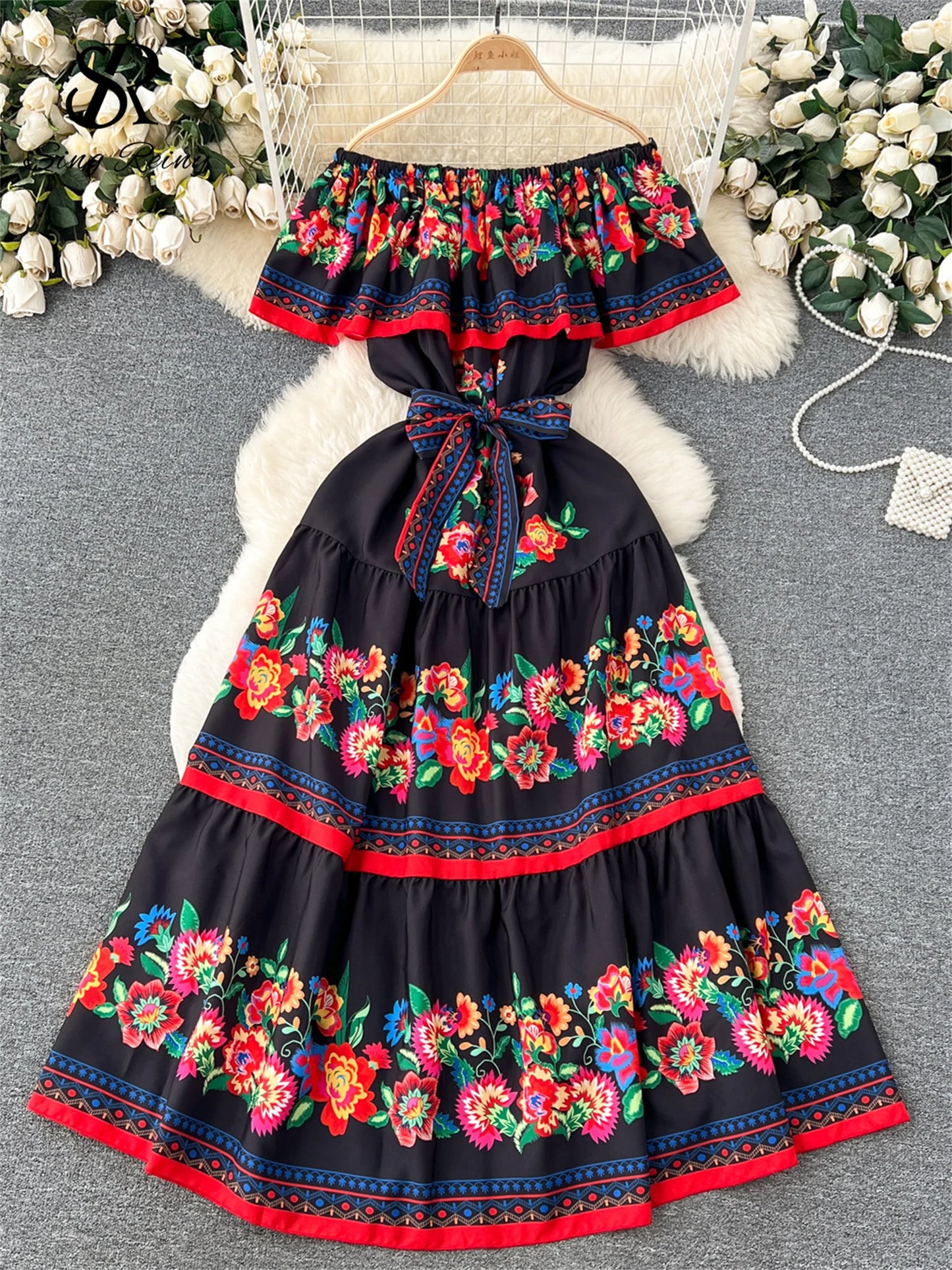SINGREINY French Court Floral Print Dress Women Sling Slash Neck Off Shoulder Waist Lace Up Design 2023 Fashion Loose Long Dress