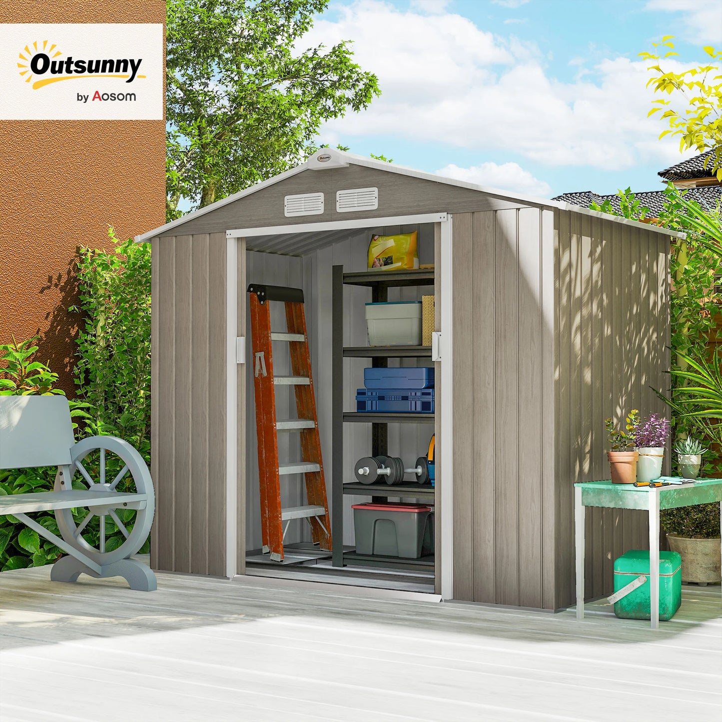 Outsunny 7 X 4ft Garden Shed Storage with Locking Door and Foundation Kit, Light Brown