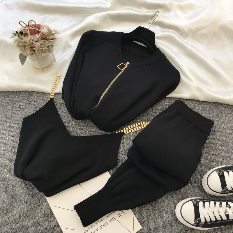 Zipper Knitted Cardigans Sweaters + Pants Sets for Women