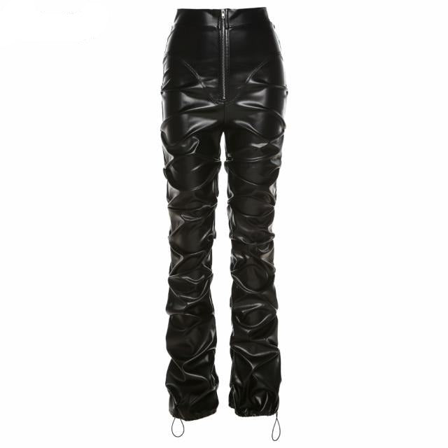 Woman's Faux PU Leather Pleated High Waist Black Hipster Trousers
