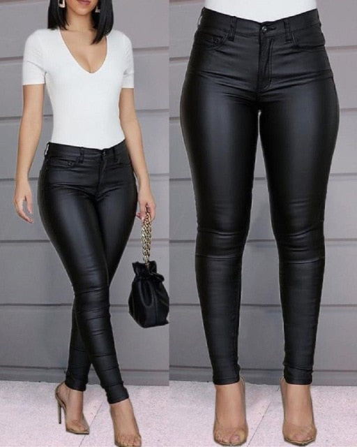 Women Pu Leather Bodycon Pants
